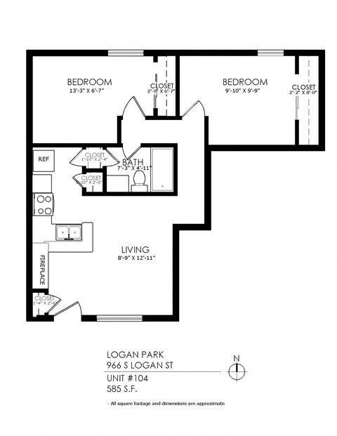 Floor plan for 2 beds, 1 bath, 585 sqft